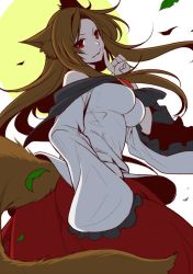 Rule 34 | 1girl, animal ears, backlighting, bare shoulders, breasts, brooch, brown hair, cowboy shot, dress, eichi yuu, finger to mouth, full moon, imaizumi kagerou, jewelry, large breasts, leaf, long hair, looking at viewer, looking back, moon, off-shoulder dress, off shoulder, red eyes, red skirt, shirt, skirt, solo, tail, touhou, white background, white shirt, wide sleeves, wolf ears, wolf tail