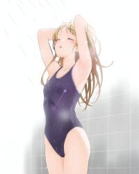 Rule 34 | 1girl, armpits, arms up, bare arms, bare shoulders, bathroom, blonde hair, blush, breasts, closed eyes, collarbone, competition swimsuit, covered navel, cowboy shot, eyebrows hidden by hair, gabrieltenma77, hair ornament, hairclip, hand up, highleg, highleg swimsuit, long hair, one-piece swimsuit, open mouth, school swimsuit, showering, sidelocks, sleeveless, small breasts, solo, stomach, swimsuit, thighs, tiles, water, wet, wet clothes, x hair ornament