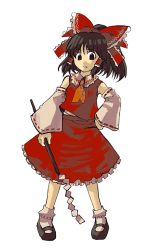 Rule 34 | 1girl, detached sleeves, female focus, full body, gohei, hakurei reimu, imperishable night, japanese clothes, lowres, mary janes, miko, shoes, simple background, skirt, solo, tako (plastic protein), touhou, white background