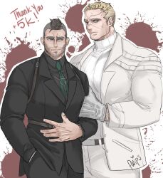 Rule 34 | 2boys, bara, beard stubble, black hair, black suit, blonde hair, call of duty, call of duty: modern warfare 2, chii (fwipsart), couple, facial hair, feet out of frame, formal, ghost (modern warfare 2), height difference, highres, huge pectorals, husband and husband, male focus, mature male, milestone celebration, multiple boys, muscular, muscular male, mustache stubble, necktie, no mask, scar, short hair, smile, soap (modern warfare 2), sparse stubble, standing, stubble, suit, thick eyebrows, undercut, white suit, yaoi