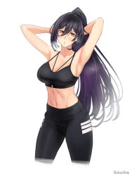Rule 34 | 1girl, armpits, arms up, bare shoulders, black hair, black pants, breasts, chinetsu15, collarbone, hair between eyes, hands in hair, highres, idolmaster, idolmaster shiny colors, long hair, looking at viewer, medium breasts, navel, pants, parted lips, ponytail, shirase sakuya, sidelocks, signature, simple background, sports bra, sportswear, stomach, strap, sweat, white background, yellow eyes