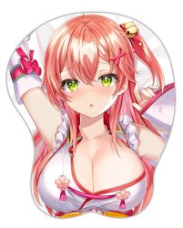 Rule 34 | 1girl, arm up, breast mousepad, breasts, cleavage, collarbone, detached sleeves, green eyes, hair ornament, hairclip, hololive, large breasts, long hair, looking at viewer, lying, motsunuki, mousepad, open mouth, pink hair, sakura miko, sakura miko (1st costume), side ponytail, solo, virtual youtuber