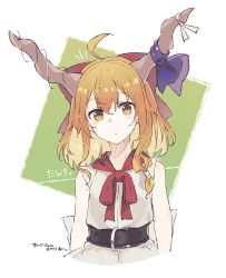 Rule 34 | ahoge, belt, bow, brown eyes, brown hair, commentary request, cropped torso, green background, hair bow, highres, horn ornament, horn ribbon, horns, ibuki suika, looking at viewer, medium hair, o (crazyoton46), purple ribbon, red bow, ribbon, shirt, sleeveless, sleeveless shirt, touhou, upper body, white background, white shirt