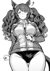 Rule 34 | 1girl, animal ears, bacius, blush, breasts, buruma, closed mouth, commentary request, cowboy shot, ear ornament, gluteal fold, greyscale, highres, horse ears, horse girl, jacket, jewelry, light frown, long hair, long sleeves, medium breasts, monochrome, partially unzipped, ring, simple background, solo, squiggle, sweat, thigh gap, tosen jordan (umamusume), track jacket, twintails, umamusume, white background