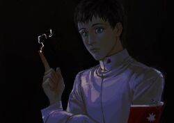 Rule 34 | 1boy, aged down, armband, bertolt hoover, black hair, blood, blood on hands, collared jacket, expressionless, highres, jacket, male focus, marley military uniform, military, military uniform, rora (auroradiation), shingeki no kyojin, short hair, solo, spoilers, thick eyebrows, uniform, upper body