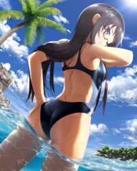Rule 34 | 10s, 1girl, ass, back cutout, bare shoulders, black hair, blush, closed mouth, clothing cutout, cloud, competition swimsuit, day, dutch angle, endou rino, eyebrows, from behind, glasses, gluteal fold, goribote, hand on own hip, highres, jinsei, long hair, looking at viewer, looking back, one-piece swimsuit, outdoors, palm tree, purple eyes, semi-rimless eyewear, sky, solo, standing, swimsuit, thighs, tree, under-rim eyewear, underwater, wading, water