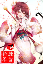 Rule 34 | alt (ctrldel), atelier (series), atelier sophie, bag, blush, brown eyes, brown hair, commentary request, fang, floral print, flower, hair between eyes, hair flower, hair ornament, hair up, highres, holding, holding bag, holding brush, ink, japanese clothes, kimono, long sleeves, looking at viewer, new year, obi, open mouth, pouch, sash, short hair, sidelocks, sophie neuenmuller, white kimono, wide sleeves