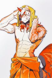 Rule 34 | 1boy, abs, absurdres, animal ears, arknights, bara, blush, commentary, english commentary, furry, furry male, highres, horns, hung (arknights), looking at viewer, luoluokun517, male focus, multicolored hair, muscular, muscular male, mythological creature, pectorals, single horn, streaked hair, tail, topless male, towel, towel around waist, towel on head, wavy mouth, white background