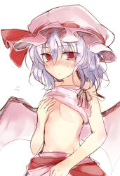 Rule 34 | 1girl, bare shoulders, bat wings, blue hair, blush, breast hold, breast lift, breasts, clothes lift, female focus, hat, hat ribbon, na s, nazuka (mikkamisaki), red eyes, remilia scarlet, ribbon, short hair, sketch, skirt, skirt lift, solo, sweatdrop, touhou, white background, wings