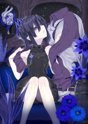 Rule 34 | 1girl, bare shoulders, barrel, black dress, black hair, blue flower, breasts, char, collarbone, commentary request, covered collarbone, dress, dress shirt, flower, grey neckwear, hair between eyes, highres, invisible man, knees together feet apart, long sleeves, looking at another, looking to the side, original, parted lips, purple eyes, purple shirt, revision, shirt, short hair, sitting, sleeveless, sleeveless dress, small breasts, vest, white vest