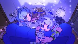 Rule 34 | 2girls, blue eyes, blue hair, blunt bangs, box, bracelet, cardboard box, closed mouth, couch, cup, disco ball, disposable cup, drinking, drinking straw, drinking straw in mouth, earrings, eclair groove, electric plug, electrical outlet, food, from above, hachika chan, highres, holding, holding cup, indie virtual youtuber, indoors, jewelry, long hair, looking at viewer, looking back, metro mew, multiple girls, official art, on couch, pizza, pizza box, short hair, short sleeves, sitting, somunia, virtual youtuber