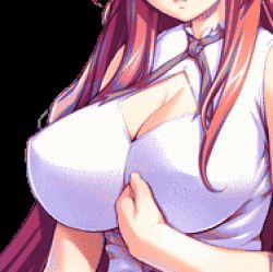 Rule 34 | animated, animated gif, bouncing breasts, breasts, cleavage, cleavage cutout, close-up, clothing cutout, gunner-l, harukaze yumari, huge breasts, long hair, lowres, non-web source, oppai baka, red hair, sleeveless, solo, very long hair