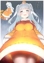 Rule 34 | 1girl, :d, blue eyes, blue hair, blurry, blurry foreground, blush, border, breasts, cropped legs, dot nose, dress, earmuffs, food, food on head, from below, fruit, fruit on head, glowing, highres, large breasts, long hair, long sleeves, looking at viewer, looking down, mandarin orange, mittens, multiple views, nekoume, object on head, open mouth, orange dress, original, pantyhose, smile, standing, translation request, two side up, white border, white mittens