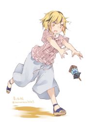 Rule 34 | 1girl, alternate costume, baggy pants, bishamonten&#039;s pagoda, black legwear, blonde hair, contemporary, full body, highres, multicolored hair, open mouth, outstretched arms, pants, running, sandals, short hair, simple background, solo, toramaru shou, touhou, toutenkou, translation request, two-tone hair, white background