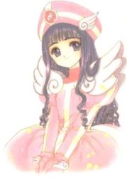 Rule 34 | 1990s (style), 1girl, black hair, blue eyes, blunt bangs, cardcaptor sakura, child, clamp, daidouji tomoyo, dress, drill hair, long hair, lowres, official art, pink dress, purple eyes, purple hair, retro artstyle, simple background, solo, v arms, white background, wings