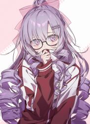 Rule 34 | 1girl, absurdres, black-framed eyewear, bow, clothes writing, drill hair, glasses, hair bow, highres, hyakumantenbara salome, hyakumantenbara salome (casual), io (sinking=carousel), jacket, long hair, nijisanji, official alternate costume, pink bow, ponytail, purple eyes, purple hair, red track suit, solo, track jacket, turtleneck, virtual youtuber