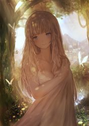 Rule 34 | 1girl, absurdres, blonde hair, blue eyes, blush, bra, breasts, bug, building, butterfly, cleavage, collarbone, commentary, day, fingernails, head tilt, highres, holding, holding towel, insect, lace, lace-trimmed bra, lace trim, light rays, lingerie, long hair, looking at viewer, medium breasts, mountain, original, outdoors, shiabisu, sky, smile, solo, standing, towel, tree, underwear, wet, wet hair, white bra