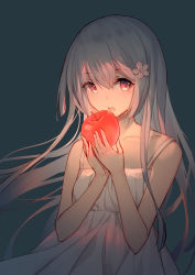 Rule 34 | 1girl, :o, apple, bare arms, bare shoulders, bison cangshu, black background, collarbone, dress, floating hair, flower, food, fruit, grey hair, hair between eyes, hair flower, hair ornament, hands up, highres, holding, holding food, holding fruit, lens flare, light particles, long hair, looking at viewer, open mouth, original, pink flower, red apple, red eyes, sidelocks, sleeveless, sleeveless dress, solo, teeth, upper body, very long hair, white dress