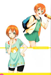 Rule 34 | 10s, 1girl, :d, ;3, absurdres, backpack, bag, bike shorts, blush, casual, character name, dress, green eyes, hair ornament, hairclip, hand on own hip, highres, hoshizora rin, jewelry, looking at viewer, love live!, love live! school idol festival, love live! school idol project, multiple views, non-web source, one eye closed, open mouth, orange hair, paw print, scan, short hair, short sleeves, shorts, smile, thermos, toothbrush