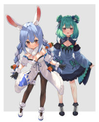 Rule 34 | 2girls, :3, :o, absurdres, animal ear fluff, animal ears, bare legs, bare shoulders, black collar, black gloves, blue dress, blue hair, blue sleeves, blush, border, braid, breasts, bridal garter, brown eyes, brown legwear, buttons, carrot, child, cleavage, closed mouth, coat, collar, commentary, cross-laced footwear, detached collar, detached sleeves, double bun, dress, epeulu (ate5424), eyebrows hidden by hair, full body, fur-trimmed coat, fur-trimmed footwear, fur-trimmed gloves, fur trim, gloves, green hair, grey background, grey hair, hair between eyes, hair bun, hair ornament, highres, hololive, in pocket, leaning forward, legs, long hair, looking at viewer, medium breasts, medium hair, multicolored hair, multiple girls, open mouth, outside border, outstretched arms, pantyhose, rabbit ears, red eyes, shoes, simple background, skull, skull hair ornament, small breasts, smile, standing, strapless, thick eyebrows, twin braids, two-tone hair, uruha rushia, uruha rushia (1st costume), usada pekora, usada pekora (1st costume), virtual youtuber, white border, white coat, white footwear, white sleeves, wide sleeves