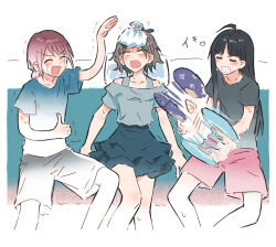 Rule 34 | 3girls, ahoge, awa subaru, black hair, black shirt, black shorts, blue shirt, blue skirt, blush, bob cut, brown hair, bullfalk, clenched teeth, closed eyes, collarbone, crying, ebizuka tomo, girls band cry, grey hair, grey shirt, hair behind ear, hand fan, highres, ice pack, invisible chair, iseri nina, long hair, low twintails, multiple girls, off-shoulder shirt, off shoulder, open mouth, parted bangs, pink shorts, shirt, short hair, short twintails, shorts, single sidelock, sitting, skirt, streaming tears, tears, teeth, twintails, white shirt