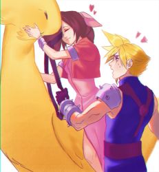 Rule 34 | 1boy, 1girl, aerith gainsborough, armor, belt, blonde hair, blue pants, blue shirt, bracelet, braid, breasts, brown hair, chocobo, closed eyes, cloud strife, cropped jacket, dress, final fantasy, final fantasy vii, gloves, hair ribbon, heart, hollyfig, jacket, jewelry, long dress, medium breasts, muscular, muscular male, open mouth, pants, parted bangs, pink dress, pink ribbon, red jacket, reins, ribbon, shirt, shoulder armor, sleeveless, sleeveless turtleneck, spiked hair, square enix, suspenders, sweatdrop, turtleneck, upper body, white background