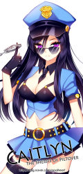 Rule 34 | 1girl, aviator sunglasses, belt, between breasts, black hair, breasts, caitlyn (league of legends), character name, cleavage, cuffs, english text, handcuffs, hat, league of legends, long hair, looking over eyewear, looking over glasses, midriff, navel, necktie, officer caitlyn, opalheart, pink eyes, police, police hat, police uniform, simple background, skirt, solo, sunglasses, tinted eyewear, uniform, watermark, web address, white background