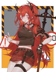 Rule 34 | 1girl, absurdres, arknights, bad id, bad pixiv id, belt, black belt, black gloves, black shirt, chise (cym23730), collar, cowboy shot, cross, cross necklace, crown, dated, demon horns, gloves, highres, holding, holding cross, horns, jewelry, long hair, looking at viewer, mouth hold, necklace, official alternate costume, open mouth, ponytail, purple eyes, red hair, red skirt, shirt, short sleeves, single glove, skirt, solo, surtr (arknights), surtr (liberte echec) (arknights), sword, v, weapon