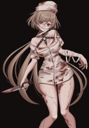 Rule 34 | 1girl, absurdres, bakeneko-nya, bandaged arm, bandages, black background, black nails, blood, blood on clothes, blood on leg, bloody knife, braid, breasts, brown hair, cleavage, cowboy shot, cracked skin, french braid, girls&#039; frontline, halloween costume, highres, knife, kord (dancer in the dead silence) (girls&#039; frontline), kord (girls&#039; frontline), long hair, looking at viewer, medium breasts, nurse, o-ring, official alternate costume, pale skin, red eyes, smile, very long hair
