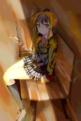 Rule 34 | 1girl, bench, black socks, blazer, bow, bowtie, brown hair, copyright name, hair ornament, ise (velvet088), jacket, kneehighs, little busters!, loafers, long hair, long sleeves, looking at viewer, miniskirt, natsume rin, park bench, plaid, plaid skirt, red eyes, school uniform, shirt, shoes, sitting, skirt, socks, solo, text focus