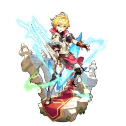 Rule 34 | 1boy, blonde hair, dragalia lost, fingerless gloves, full body, gloves, green eyes, holding, holding weapon, looking at viewer, male focus, nintendo, non-web source, official art, pactstone, protagonist (dragalia lost), saitou naoki, short hair, solo, transparent background, weapon