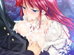 Rule 34 | 1girl, blue eyes, blush, breasts squeezed together, breasts, censored, classy cranberry&#039;s, cum, cum on body, cum on breasts, cum on upper body, dress, earrings, elbow gloves, facial, game cg, gloves, happoubi jin, jewelry, kazanin yukariko, kneeling, large breasts, long hair, looking down, necklace, nipples, no bra, paizuri, penis, red hair, smile, standing