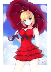 Rule 34 | 10s, 1girl, ahoge, blonde hair, blue eyes, blush, dress, fate/extra, fate/grand order, fate (series), highres, nero claudius (fate), nero claudius (fate/extra), ribbon, short hair, sky, smile, solo, umbrella, unscpro