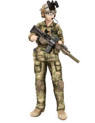 Rule 34 | 1girl, absurdres, aimpoint, an/avs-6, assault rifle, black eyes, camouflage, cureeper, flashlight, full body, gloves, goggles, gun, headset, helmet, highres, holding, holding gun, holding weapon, knee pads, laser aiming module, laser sight, military, mk 18 carbine, night-vision device, original, rifle, solo, suppressor, watch, weapon, white background, wristwatch