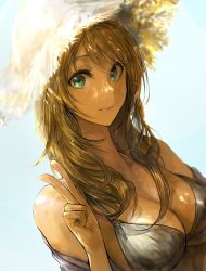 Rule 34 | 1girl, bikini, bikini top only, blonde hair, blue background, breasts, chan1moon, cleavage, green eyes, hair over shoulder, hat, highres, hoshii miki, idolmaster, idolmaster (classic), idolmaster million live!, idolmaster million live! theater days, large breasts, long hair, looking at viewer, simple background, smile, solo, straw hat, swimsuit, v