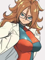 Rule 34 | 1girl, android 21, black-framed eyewear, blue eyes, breasts, brown hair, checkered clothes, checkered dress, closed mouth, dragon ball, dragon ball fighterz, dress, earrings, glasses, grey background, head tilt, hoop earrings, jewelry, kemachiku, lab coat, large breasts, long hair, looking at viewer, simple background, smile, solo, two-tone dress