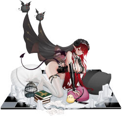 Rule 34 | &gt; &lt;, 1girl, :d, absurdres, all fours, alternate costume, asymmetrical gloves, azur lane, bare shoulders, barefoot, bat wings, between breasts, black horns, book, breasts, bridal gauntlets, cage, candle, checkered floor, cross, curled horns, demon girl, demon horns, demon tail, demon wings, elbow gloves, finger to mouth, full body, gem, gloves, hanging breasts, heart, heart-shaped pillow, highres, hindenburg (azur lane), horns, huangchuan zayu, large breasts, latex, long hair, long pointy ears, manjuu (azur lane), nun, open mouth, pillow, pointy ears, red eyes, red gemstone, red hair, simple background, single elbow glove, smile, solo, strap between breasts, tail, thighhighs, very long hair, white background, white thighhighs, wings, xd