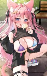 Rule 34 | 1girl, animal ear fluff, animal ears, bikini, blurry, blurry background, blush, breasts, cat ears, cat tail, clothes lift, detached sleeves, fish hair ornament, food, hair ornament, highres, holding, holding food, holding popsicle, katsushika pachi, large breasts, long hair, looking at viewer, melting, micro bikini, multicolored bikini, multicolored clothes, open mouth, original, outdoors, pink hair, popsicle, purple eyes, solo, squatting, sweater, sweater lift, swimsuit, tail, tongue