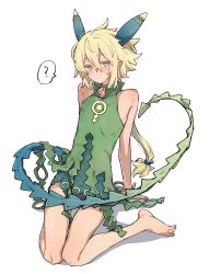 Rule 34 | ?, azuma shino, bad id, bad twitter id, bare arms, bare legs, bare shoulders, barefoot, blonde hair, blush, closed mouth, copyright request, covered erect nipples, dress, flat chest, full body, green dress, hair between eyes, highres, horns, long hair, looking at viewer, reclining, simple background, sitting, sleeveless, solo, spoken question mark, tail, wariza, white background, yellow eyes