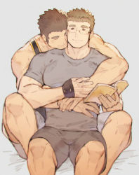 Rule 34 | 2boys, alternate costume, bad id, bad pixiv id, bara, bare arms, bare shoulders, black hair, black tank top, book, brown hair, bulge, chataro1412, couple, feet out of frame, glasses, grey shirt, grey shorts, head on another&#039;s shoulder, heads together, holding, holding book, hug, hug from behind, male focus, protagonist 3 (housamo), multiple boys, muscular, muscular male, open book, pectorals, rimless eyewear, motoori shiro, shirt, short hair, shorts, smile, spread legs, tank top, thick eyebrows, tight clothes, tight shirt, tokyo houkago summoners, white shorts, yaoi