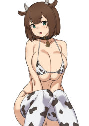Rule 34 | 1girl, animal ears, animal print, bell, bikini, breasts, brown hair, cleavage, collar, collarbone, covered erect nipples, cow ears, cow girl, cow horns, cow print, cowbell, feet out of frame, green eyes, hands on own crotch, horns, houtengeki, large breasts, micro bikini, neck bell, open mouth, original, short hair, simple background, skindentation, solo, swimsuit, thighhighs, white background