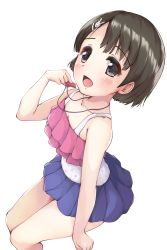 Rule 34 | 1girl, :d, absurdres, bare arms, bare shoulders, bikini, bikini top only, blue skirt, blush, brown hair, collarbone, commentary request, grey eyes, hair ornament, hand up, highres, holding, holding whistle, idolmaster, idolmaster cinderella girls, kuroba aki, looking at viewer, open mouth, pink bikini, pleated skirt, rabbit hair ornament, sasaki chie, short hair, simple background, sitting, skirt, smile, solo, swimsuit, whistle, whistle around neck, white background