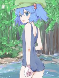 Rule 34 | 1girl, :o, ass, bare shoulders, blue eyes, blue hair, clenched hand, forest, from behind, gloves, hair bobbles, hair ornament, hat, jack (wkm74959), kawashiro nitori, looking back, matching hair/eyes, nature, one-piece swimsuit, open mouth, river, school swimsuit, short hair, short twintails, solo, stream, swimsuit, touhou, tree, twintails, two side up, water, white gloves