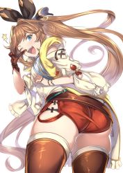 Rule 34 | 110yennohito, 1girl, ass, atelier (series), atelier ryza, atelier ryza 1, belt, blue belt, brown gloves, brown hair, clarisse (granblue fantasy), cosplay, detached sleeves, gloves, granblue fantasy, green eyes, hair intakes, hair ribbon, jacket, long hair, one eye closed, open mouth, ponytail, red shorts, reisalin stout, reisalin stout (cosplay), ribbon, short shorts, shorts, simple background, single glove, sleeveless, sleeveless jacket, solo, v, white background, yellow jacket