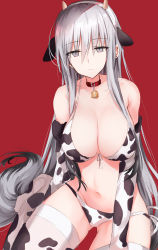 Rule 34 | 1girl, animal ears, animal print, bare shoulders, bell, bikini, black hair, borrowed character, breasts, cleavage, collar, collarbone, cow ears, cow horns, cow print, detached sleeves, fake horns, front-tie bikini top, front-tie top, gradient hair, grey eyes, grey hair, groin, hair between eyes, hairband, highres, horns, kinona, large breasts, long hair, long sleeves, looking at viewer, multicolored hair, navel, neck bell, original, print thighhighs, red background, red collar, side-tie bikini bottom, simple background, sitting, solo, swimsuit, thighhighs, very long hair, wariza, white hairband, zoya petrovna vecheslova