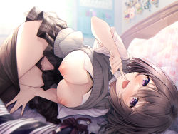 Rule 34 | 1girl, :d, black panties, bow, breasts, brown hair, clothes lift, clothes pull, fang, finger to mouth, grey skirt, grey sweater vest, hair between eyes, hasumi (hasubatake39), highres, indoors, large breasts, looking at viewer, lying, nipples, on bed, on side, open clothes, open mouth, open shirt, original, panties, pantyhose, pantyhose pull, plaid, plaid skirt, pulled by self, purple eyes, red bow, shirt, short sleeves, skirt, skirt lift, smile, solo, sweater vest, sweater vest lift, underwear, white shirt