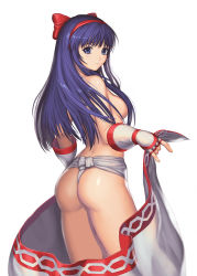 Rule 34 | 1girl, ass, black eyes, black hair, bow, breasts, cape, censored, convenient censoring, fingerless gloves, fundoshi, gloves, hair bow, hairband, highres, japanese clothes, loincloth, long hair, looking back, medium breasts, nakoruru, red bow, samurai spirits, sideboob, solo, topless, turna98, undressing, white background