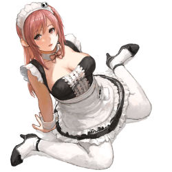 Rule 34 | 1girl, alternate costume, ankle strap, arm support, breasts, center frills, cleavage, dead or alive, detached collar, enmaided, frills, hair ornament, high heels, honoka (doa), iwauchi tomoki, large breasts, looking at viewer, maid, maid headdress, parted lips, pink eyes, pink hair, revision, simple background, sitting, solo, thighhighs, wariza, white background, wrist cuffs