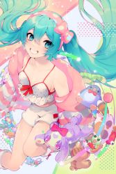 Rule 34 | 1girl, absurdres, aqua eyes, aqua hair, bad id, bad pixiv id, blouse, bow, collarbone, commentary, feet out of frame, floating hair, grin, hairband, hatsune miku, highres, hood, hoodie, huge filesize, looking at viewer, loose socks, mazamuno, off shoulder, one-piece swimsuit, pink bow, pink hair, polka dot, polka dot shirt, shirt, shooting star, shorts, smile, socks, solo, striped clothes, striped hoodie, striped sweater, stuffed animal, stuffed penguin, stuffed rabbit, stuffed toy, sweater, swimsuit, teeth, vocaloid, white legwear, white one-piece swimsuit, white shorts