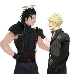 Rule 34 | 2boys, armor, belt, black hair, blonde hair, blue eyes, blue pants, blue shirt, cloud strife, crisis core final fantasy vii, earrings, final fantasy, final fantasy vii, final fantasy vii advent children, gloves, grey shirt, hair between eyes, hair slicked back, halo, hand on another&#039;s shoulder, hand on own hip, high collar, highres, jewelry, multiple boys, newb ff7r, pants, shirt, short hair, shoulder armor, sideburns, single earring, sleeveless, sleeveless turtleneck, smile, spiked hair, square enix, turtleneck, upper body, white background, zack fair